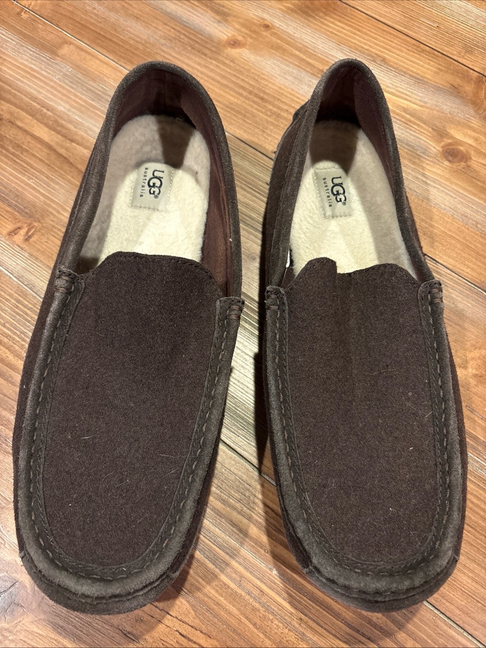 UGG Men's Dark Brown Slip-On Moccasin Loafers with Shearling Lining